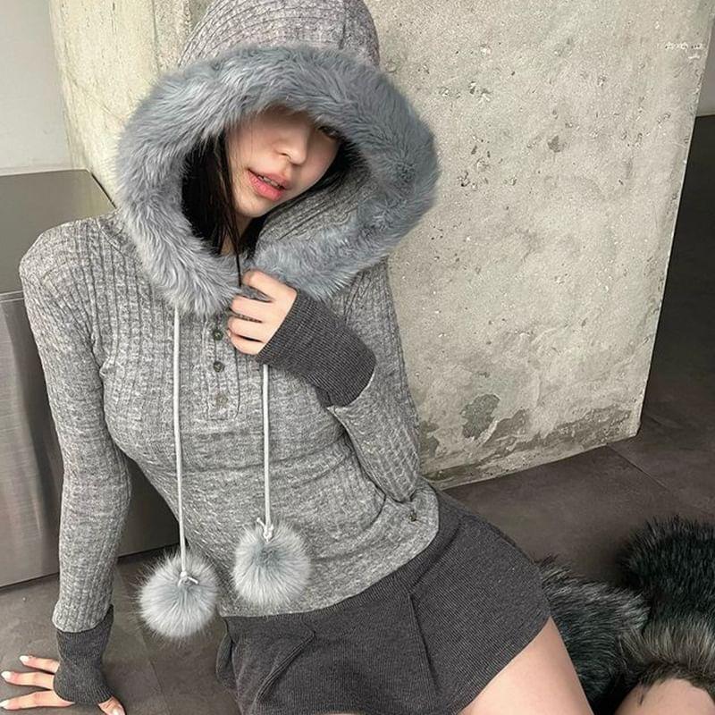 Long Sleeve Plain Cable-Knit Slim-Fit Furry-Trim Hooded Top Product Image