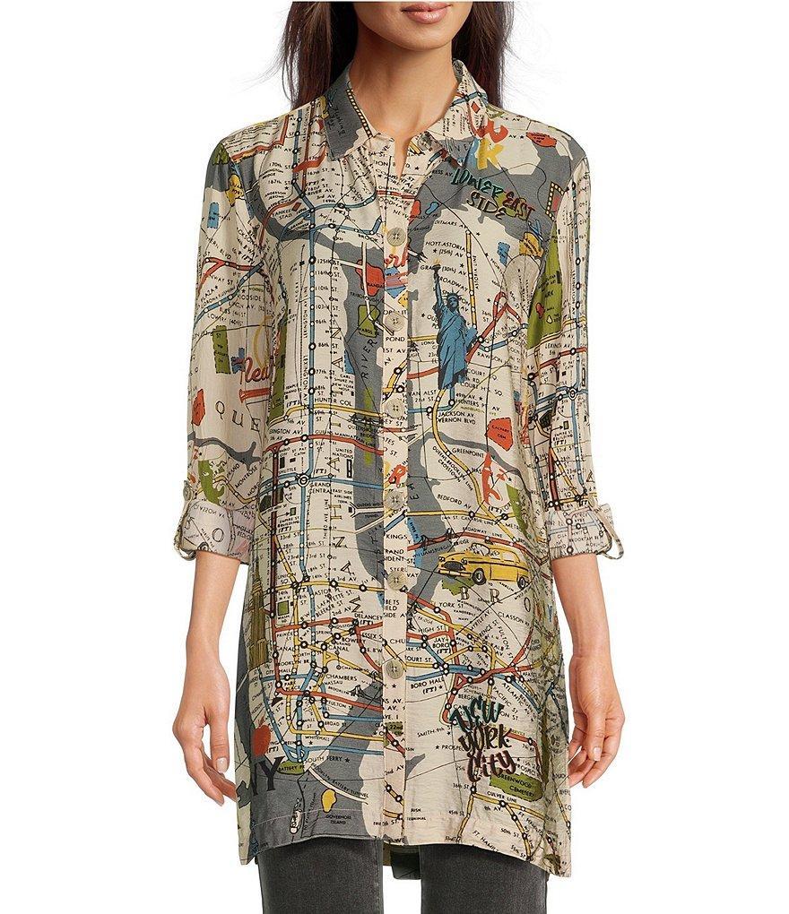 John Mark Woven Novelty Map Print Point Collar Neck 3/4 Sleeve Button Front Long Tunic Product Image