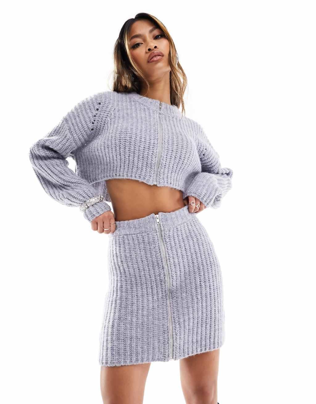 Aria Cove knit zip up mini skirt in gray - part of a set Product Image