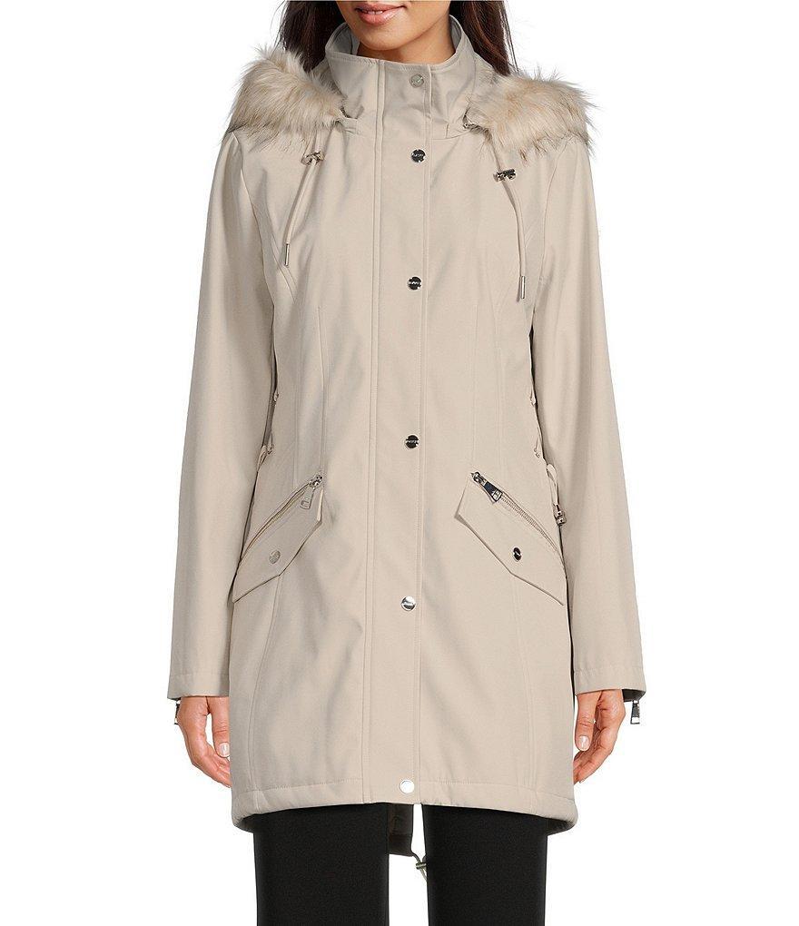 DKNY by Donna Karan Removable Faux Fur Hooded Stand Collar Water Resistant Font Zip Coat Product Image