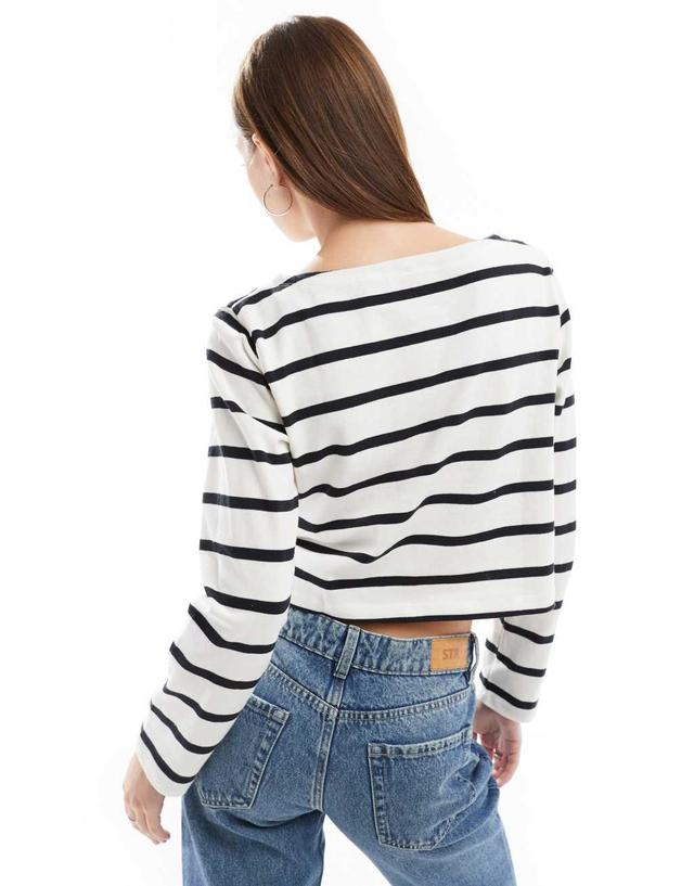 Cotton On boat neck long sleeve crop top in monochrome stripe Product Image