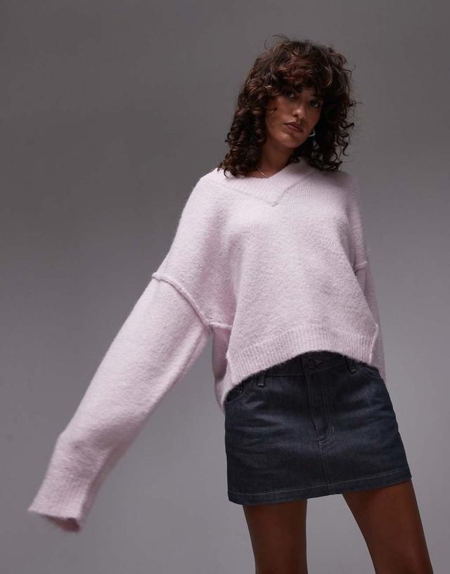 Topshop knitted high v-neck fluffy sweater in lilac Product Image