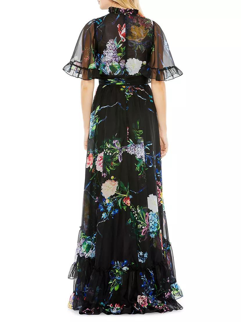 Floral High-Neck Flutter-Sleeve Gown Product Image