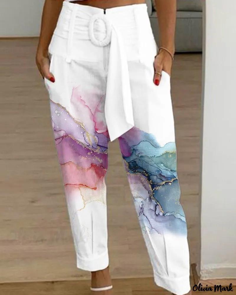 Olivia Mark – Marble-Print High-Waist Belted Pant with Pocket Accents Product Image