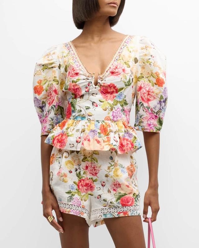 Puff-Sleeve Floral Cotton Top with Hardware Product Image