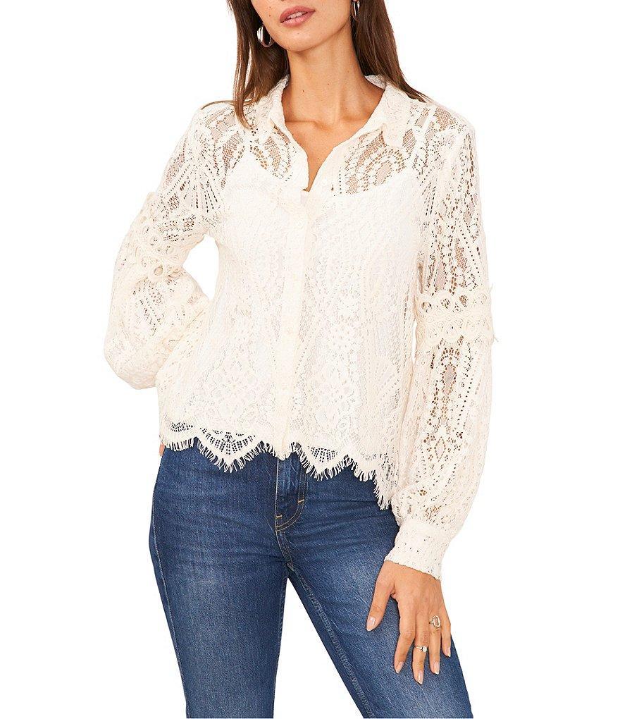 Vince Camuto Point Collar Long Bishop Sleeve Scalloped Hem Embroidered Lace Button Front Blouse Product Image