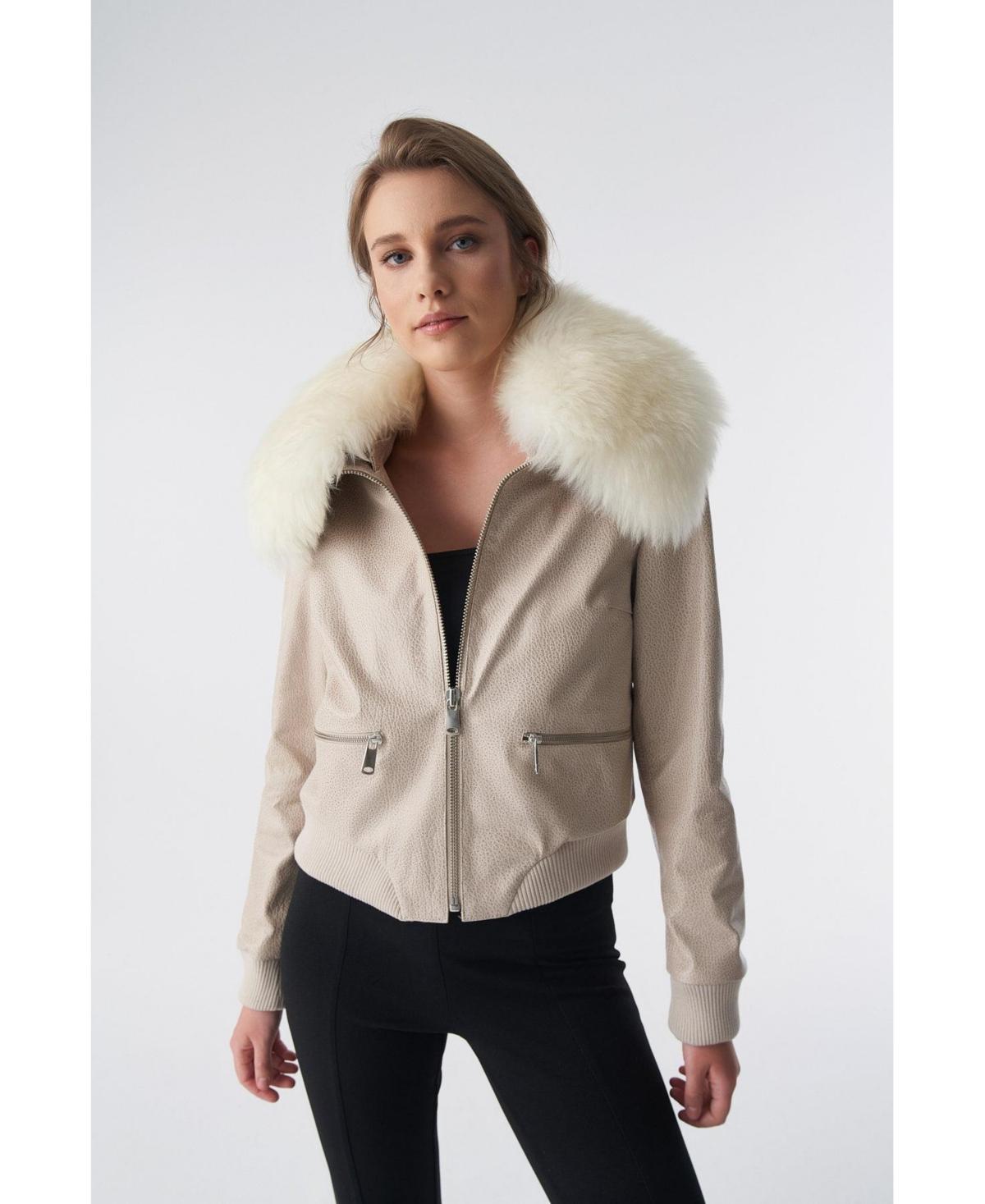 Furniq Uk Womens Detachable Natural Shearling Collar Jacket, Jumbo Pattern Beige Product Image