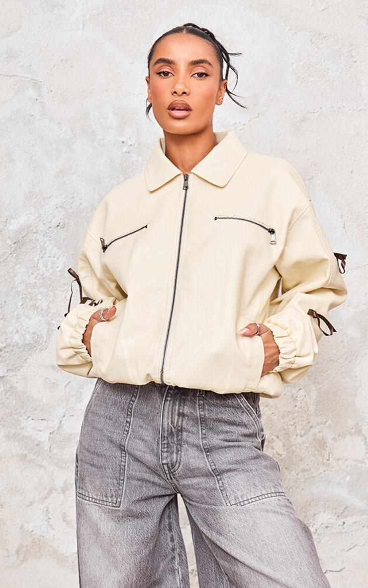 Cream Faux Leather Bow Sleeve Detail Oversized Jacket Product Image