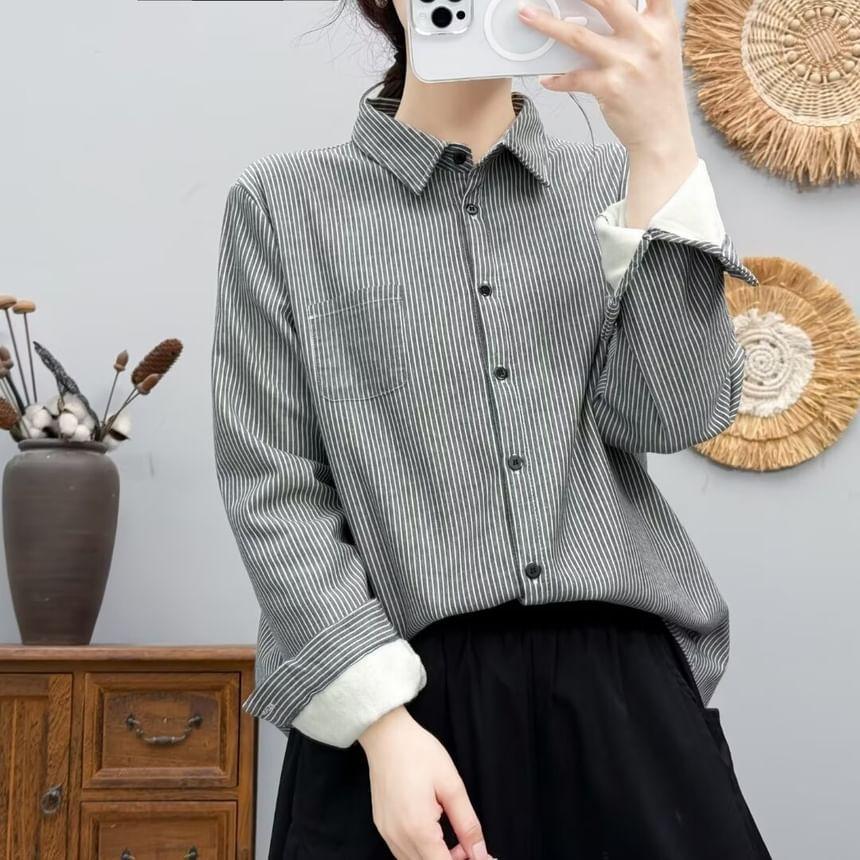 Fleece-Lined Striped Button-Up Shirt Product Image