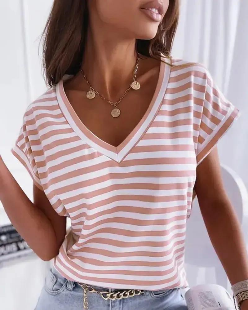 Olivia Mark – Striped Short Sleeve V-Neck T-Shirt Product Image