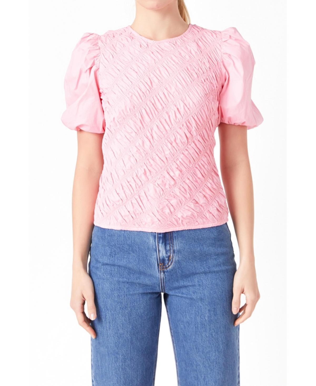 English Factory Asymmetric Shirred Puff Sleeve Top Product Image