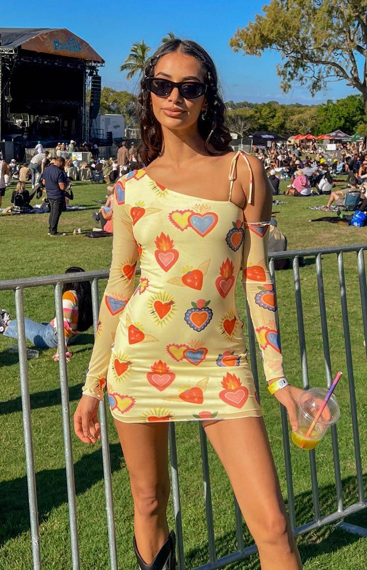 Wild At Heart Yellow Printed Mesh Long Sleeve Mini Dress Product Image