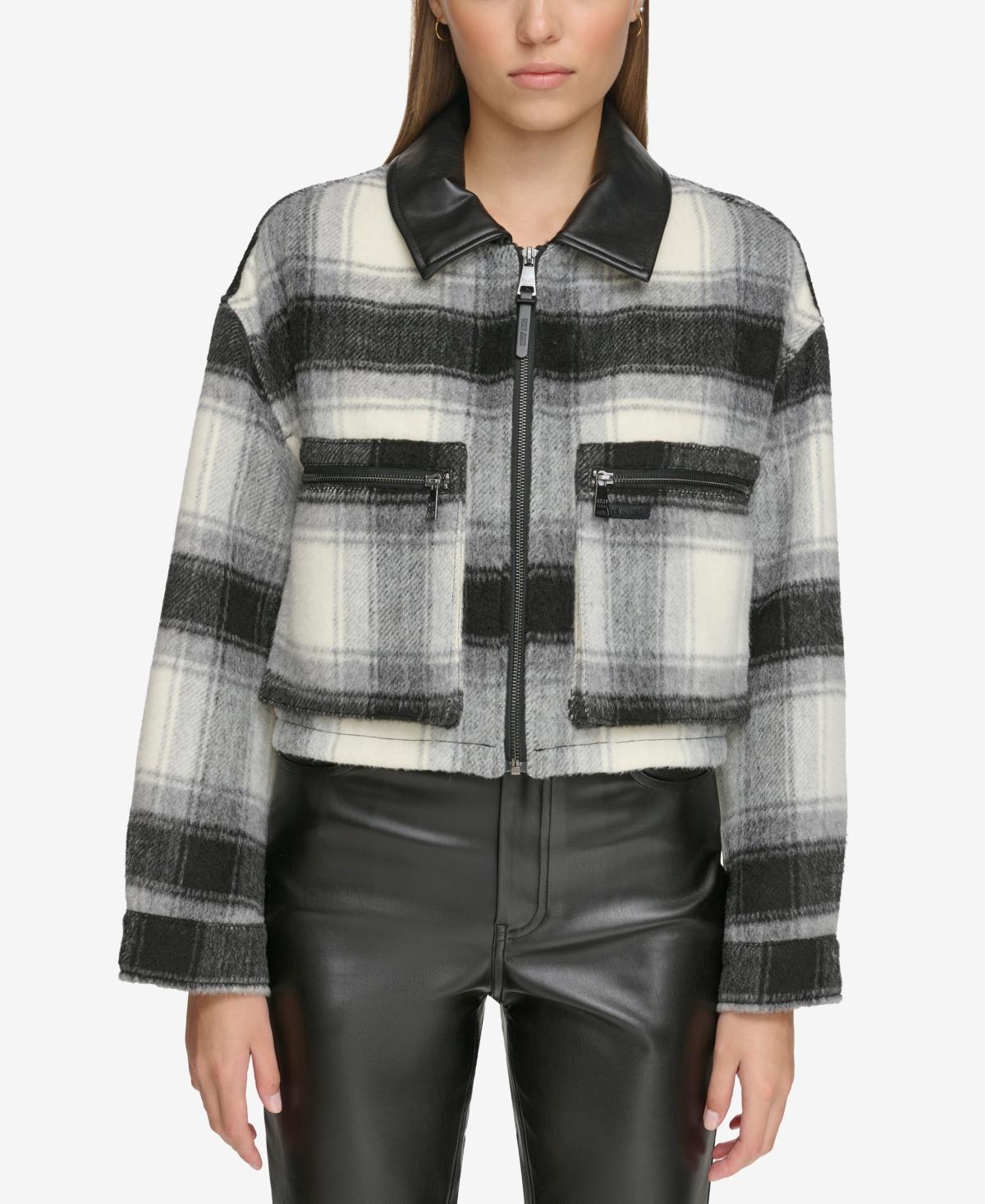 Dkny Jeans Womens Faux-Leather-Trim Cropped Plaid Jacket - Black Product Image