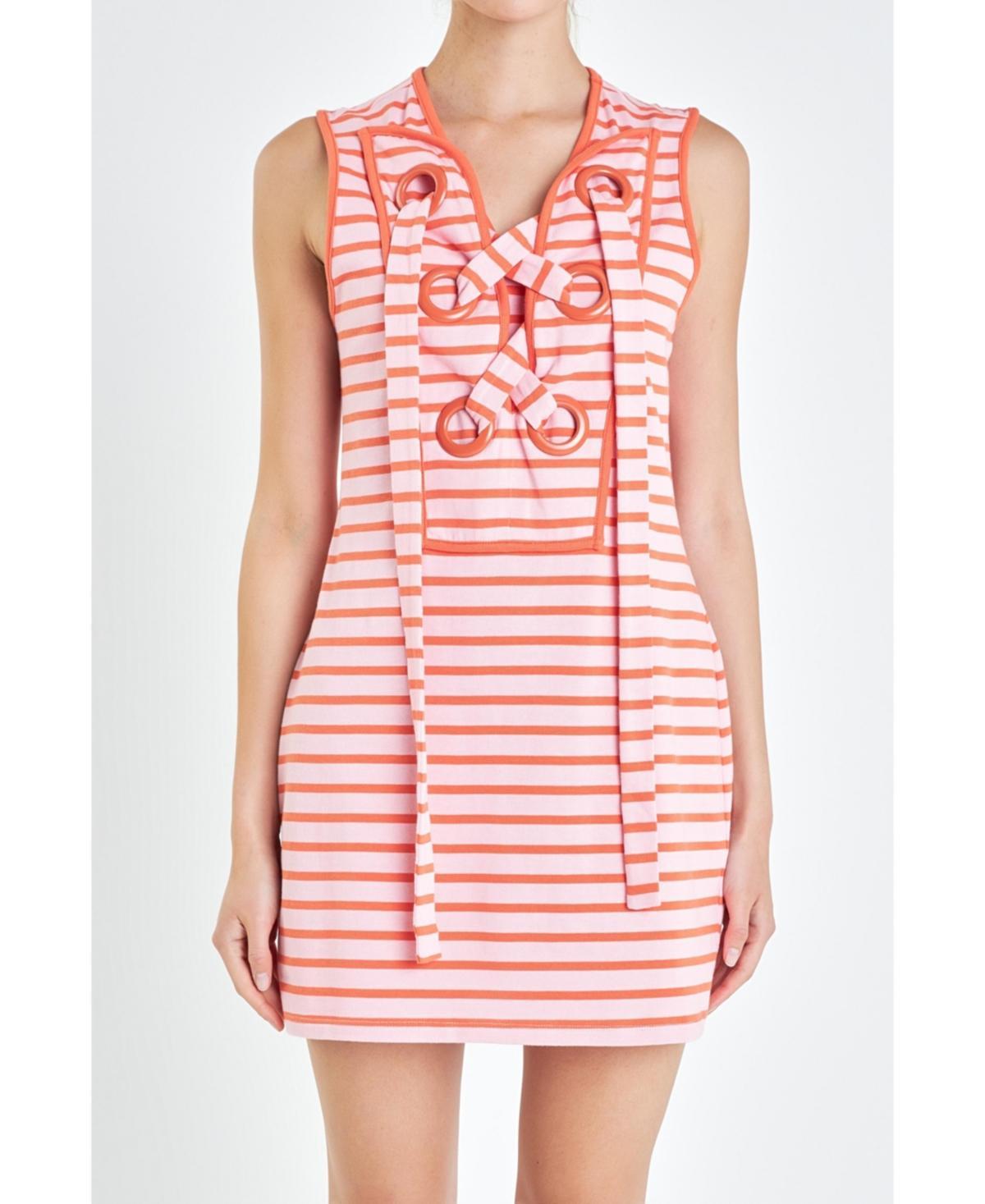 English Factory Womens Striped Knit Lace Up Dress - Pink Product Image