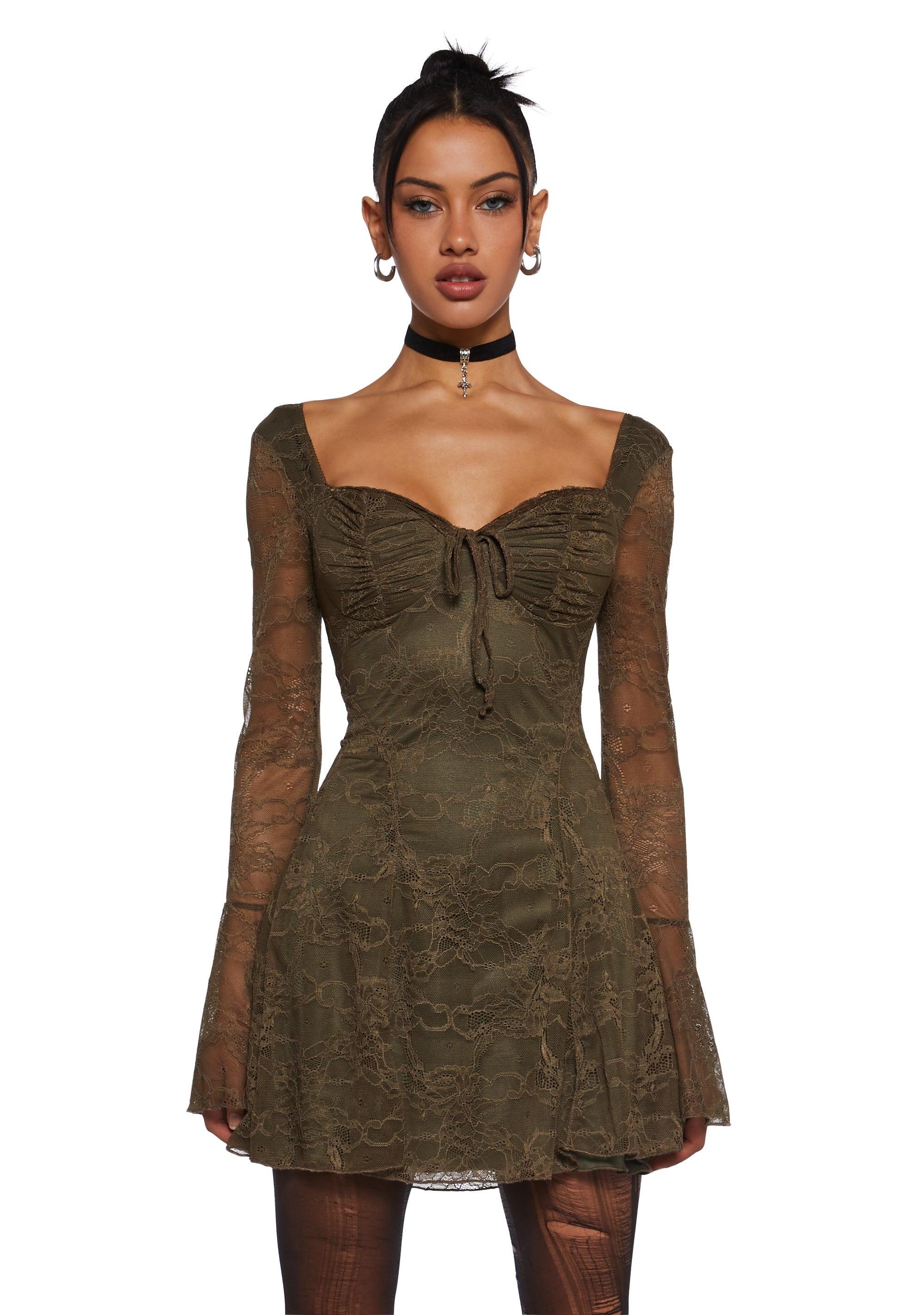 Floral Lace Mini Dress With Flared Sleeves Delias - Green Product Image