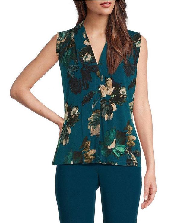 Calvin Klein Printed Knit Jersey Pleated V-Neck Sleeveless Blouse Product Image