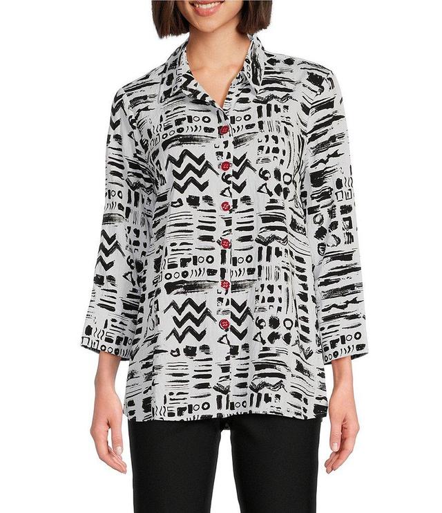 Ali Miles Printed Woven Wire Collar 3/4 Sleeve Button-Front Tunic Product Image