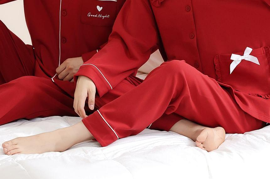 Couple Matching Pajama Set: Long Sleeve Collared Shirt + Elastic Waist Straight Leg Pants (Various Designs) Product Image