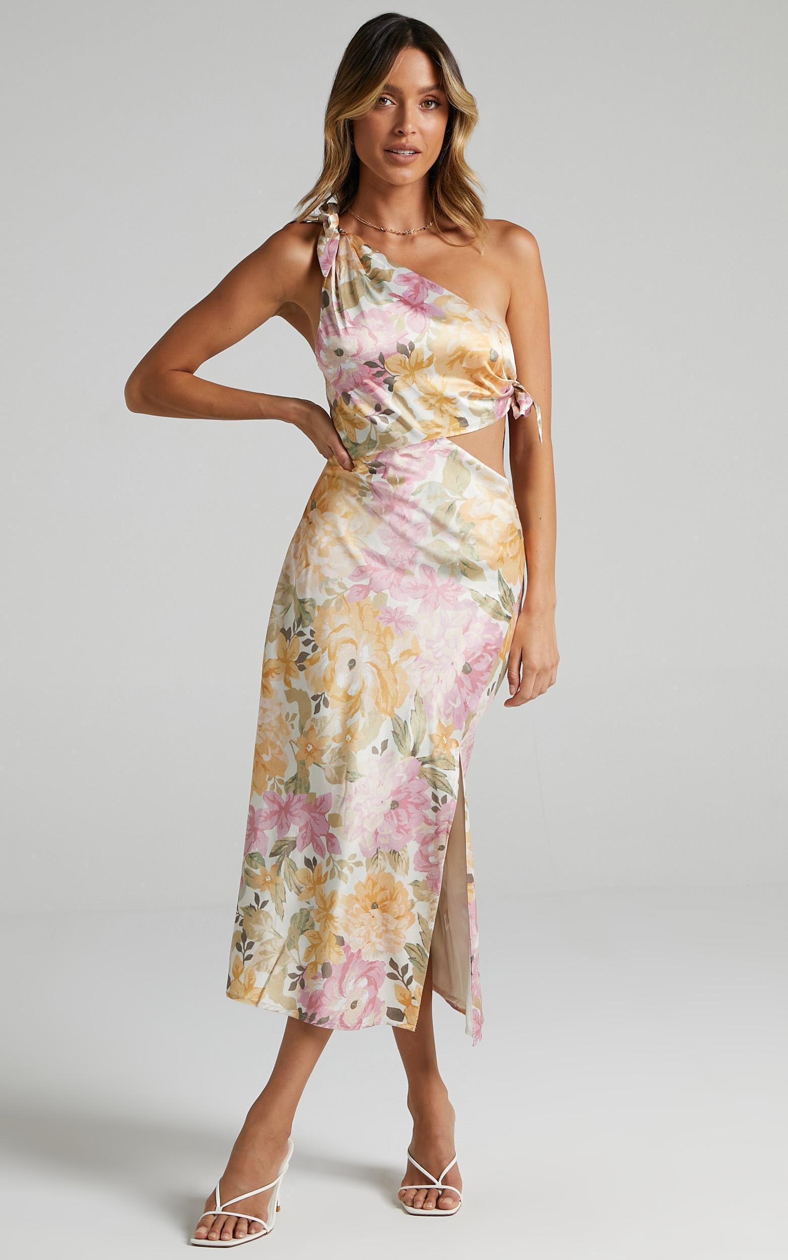 Glaucus Midi Dress - One Shoulder Cut Out Dress in Elegant Rose Product Image