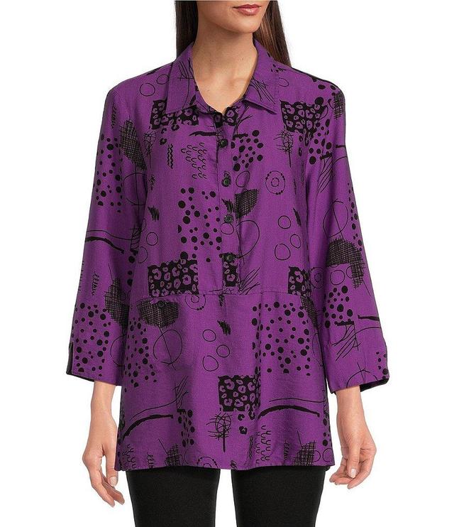 Ali Miles Printed Point Collar 3/4 Sleeve Button Down Top Product Image