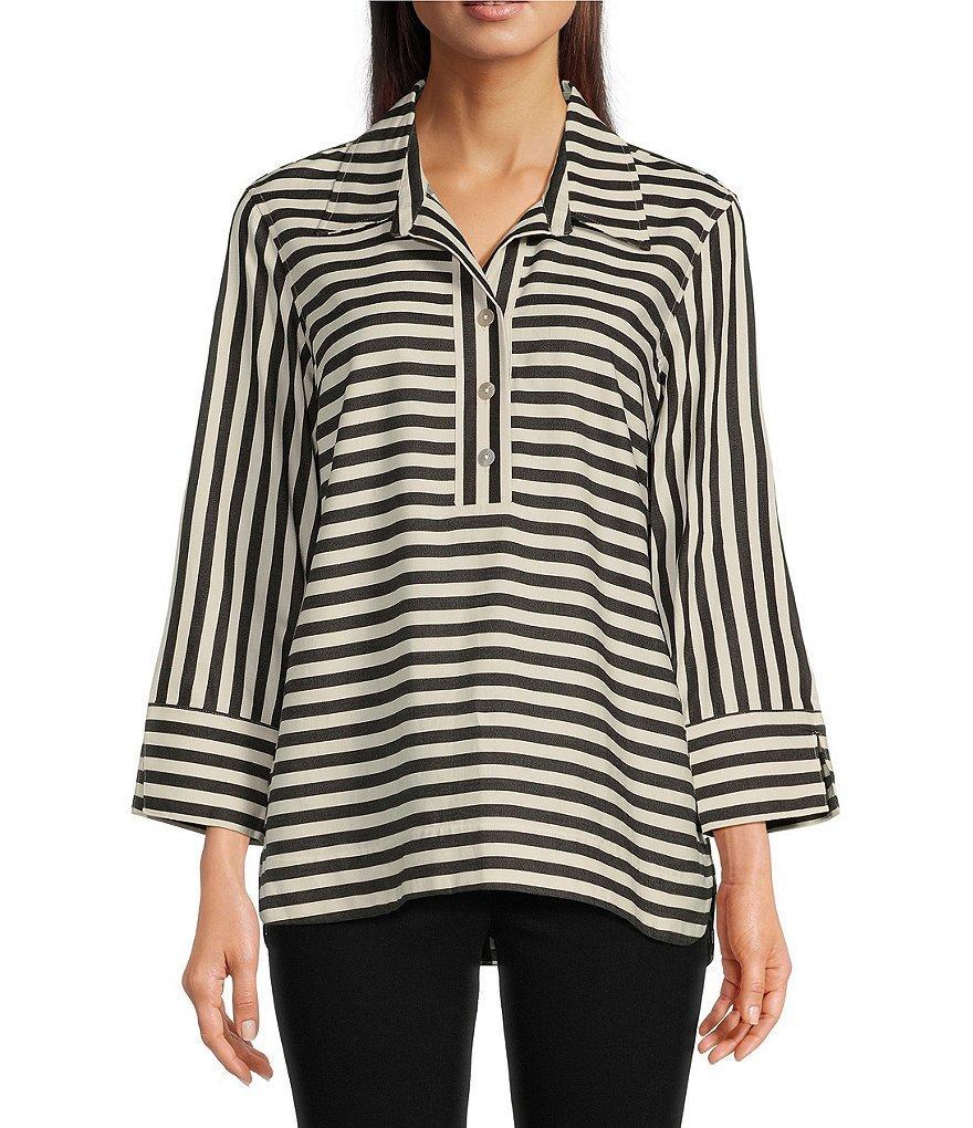 Ali Miles Stripe Collared 3/4 Sleeve Top Product Image