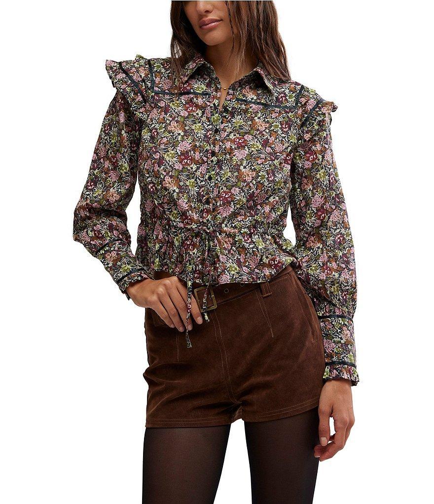 Free People Daybreak Floral Print Point Collar Neck Long Sleeve Button Front Tie Top Product Image