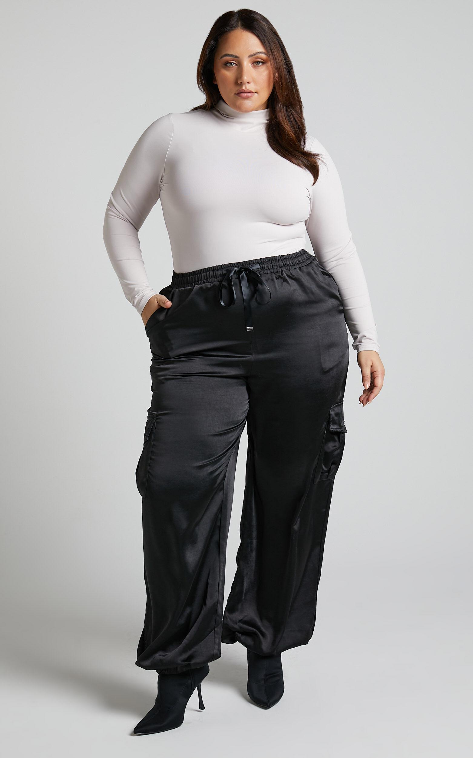 Jadeiah Pants - Mid Rise Cargo Pocket Satin Jogger Pant in Black Product Image