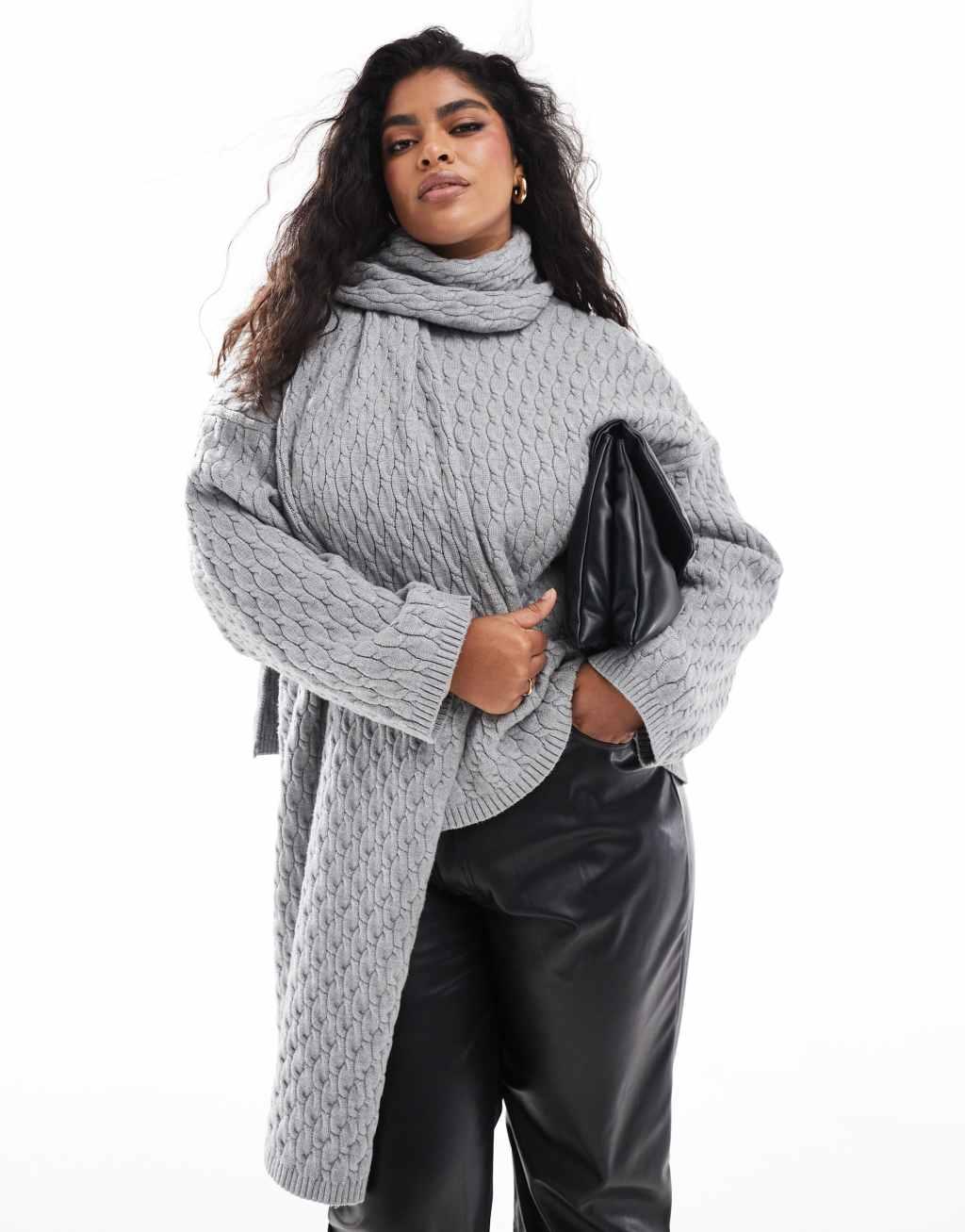 4th & Reckless Plus cable knit sweater with scarf in gray Product Image