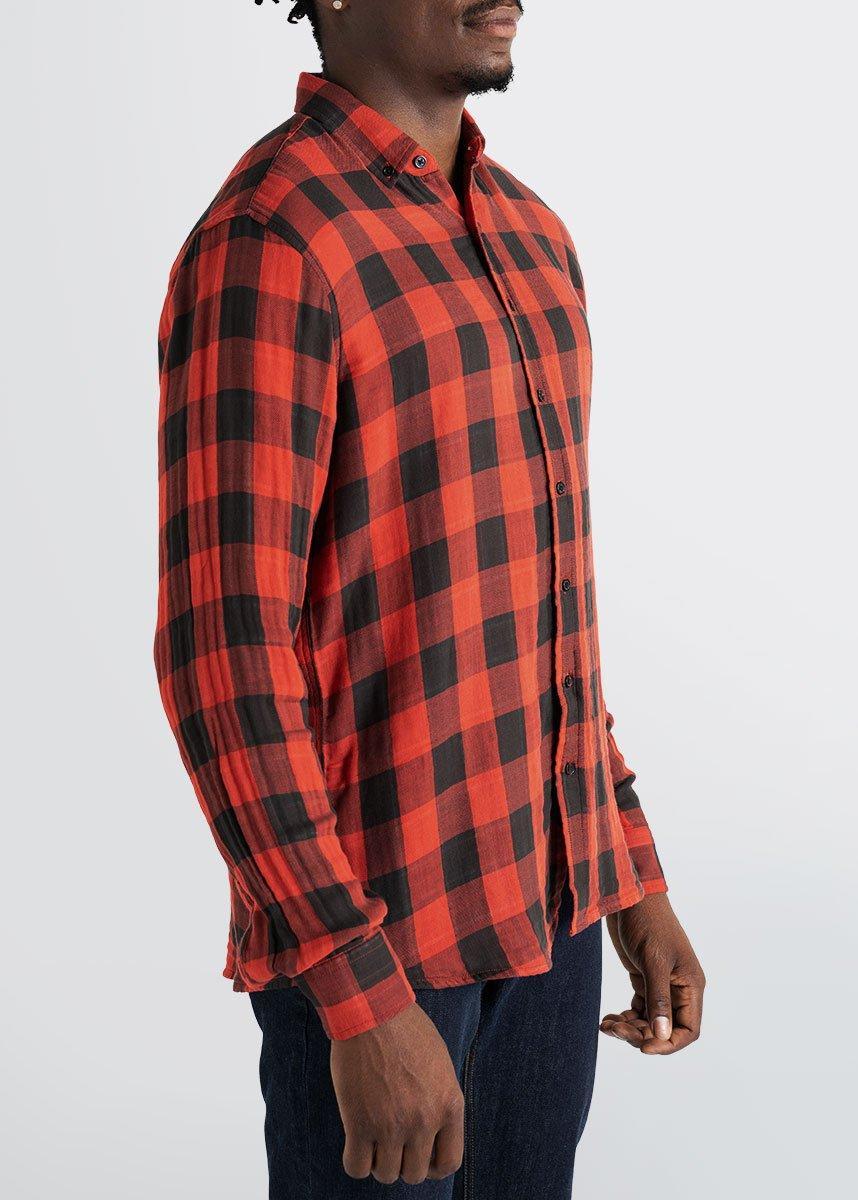 Double-Weave Button-Up Shirt for Tall Men in Red & Black Plaid Male Product Image