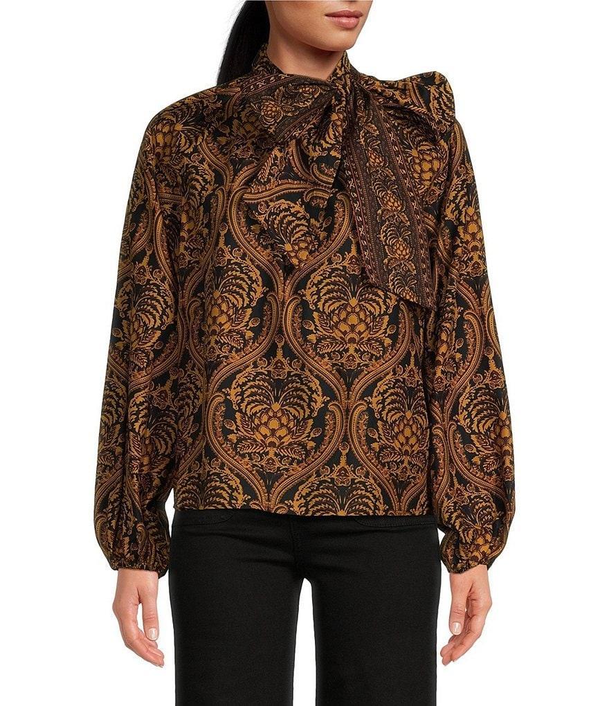 A Loves A Damask Print Woven Mock Bow Tie Neck Long Blouson Sleeve Coordinating Blouse product image