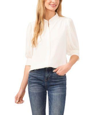 Women's Elbow Sleeve Collared Button Down Blouse Product Image