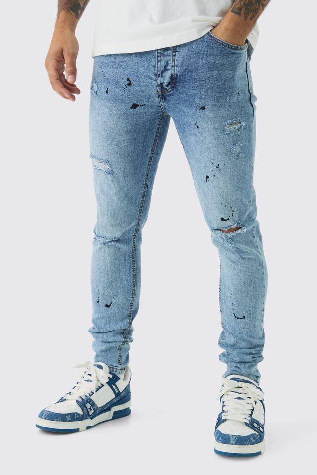 Skinny Stretch Rip & Repair Paint Splatter Jeans | boohooMAN USA Product Image