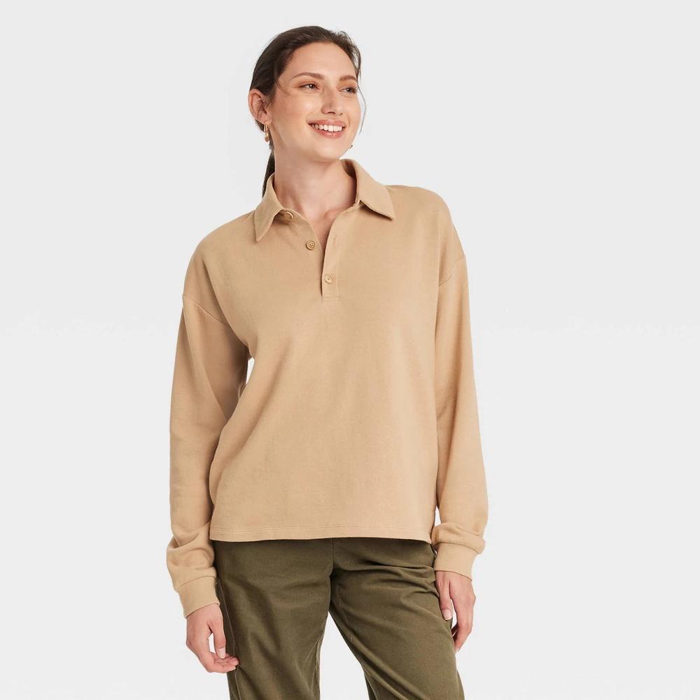 Womens Long Sleeve Polo Shirt - Universal Thread Tan XS Product Image