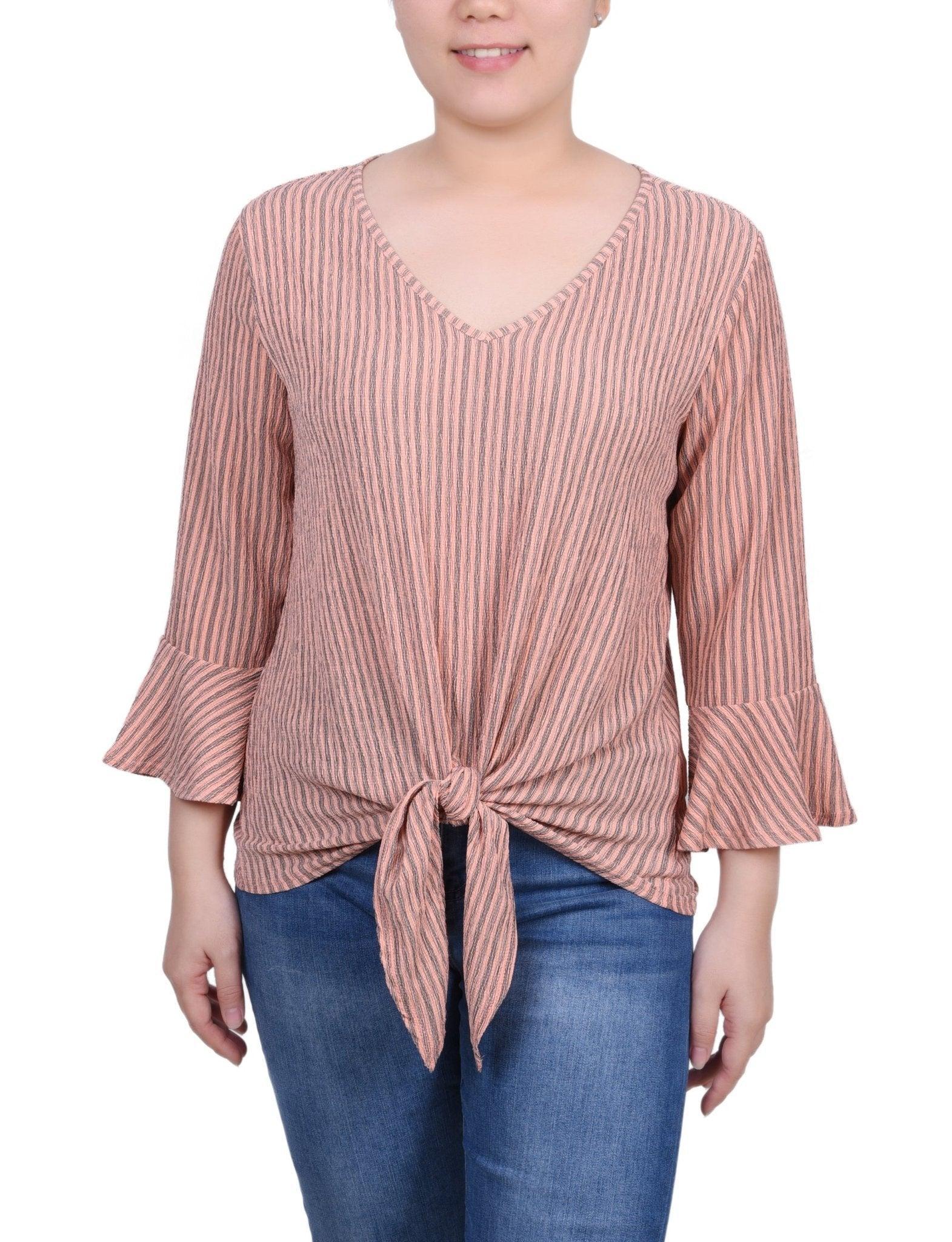 3/4 Length Bell Sleeve Textured Knit Top - Petite Product Image