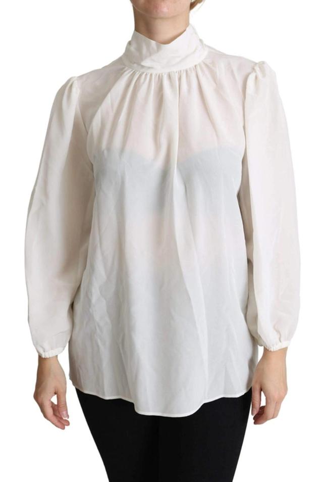 White Silk Pussy Bow Long Sleeved Top Blouse Product Image