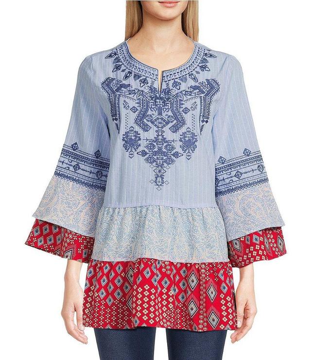 Calessa Patchwork Print Embroidered Split Round Neck 3/4 Tiered Ruffle Sleeve Tunic Product Image