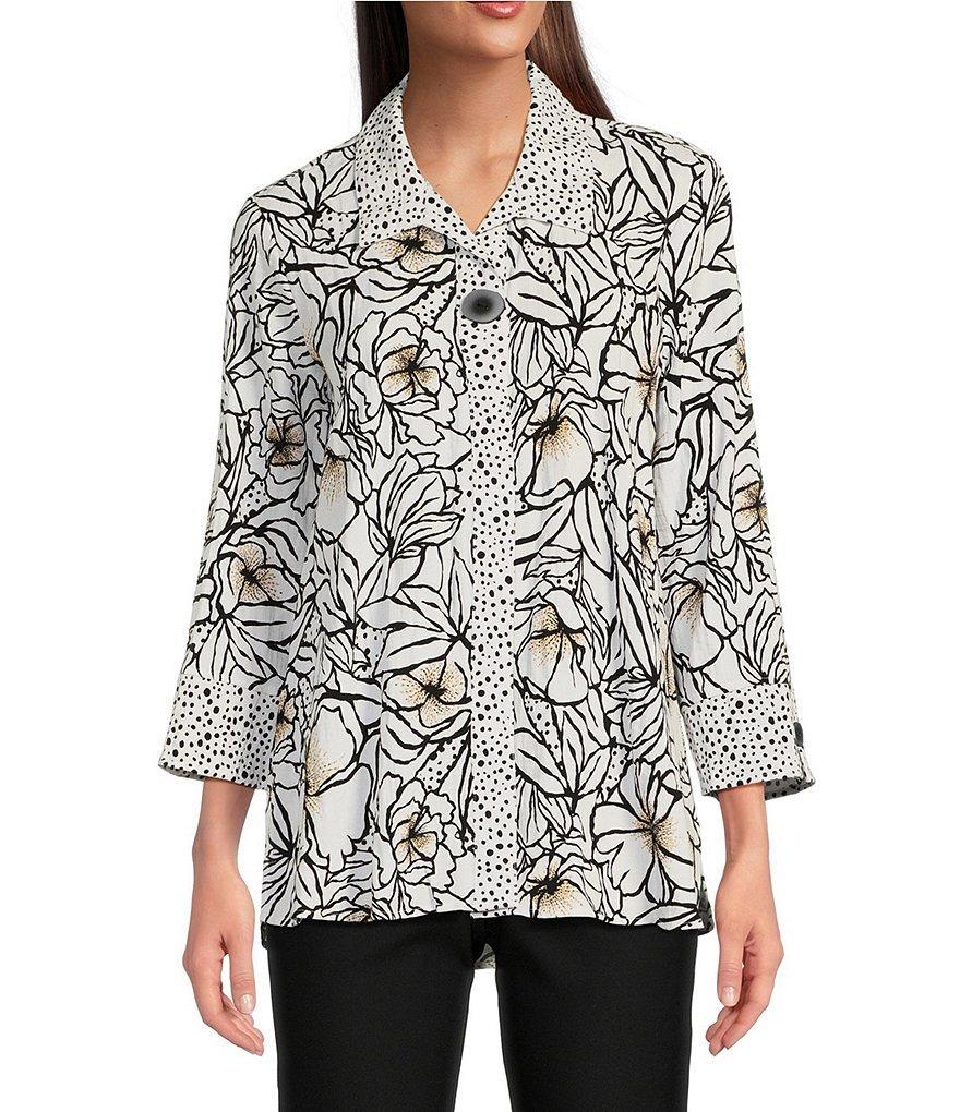 Ali Miles Woven Floral Print Point Collar 3/4 Sleeve Button-Front Tunic Product Image