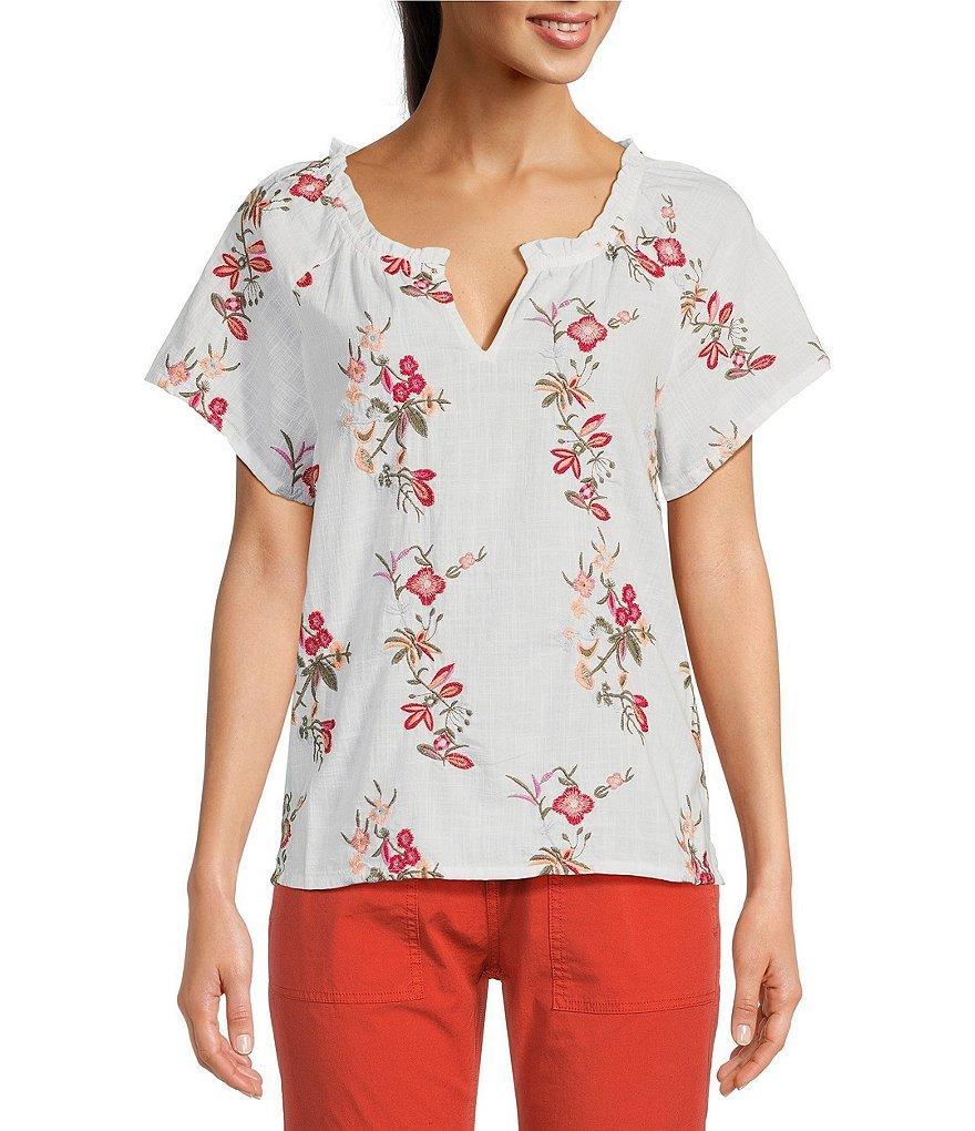 Aventura Lindale Floral Print Raglan Short Sleeve Split Neck Ruched Knit Top Product Image