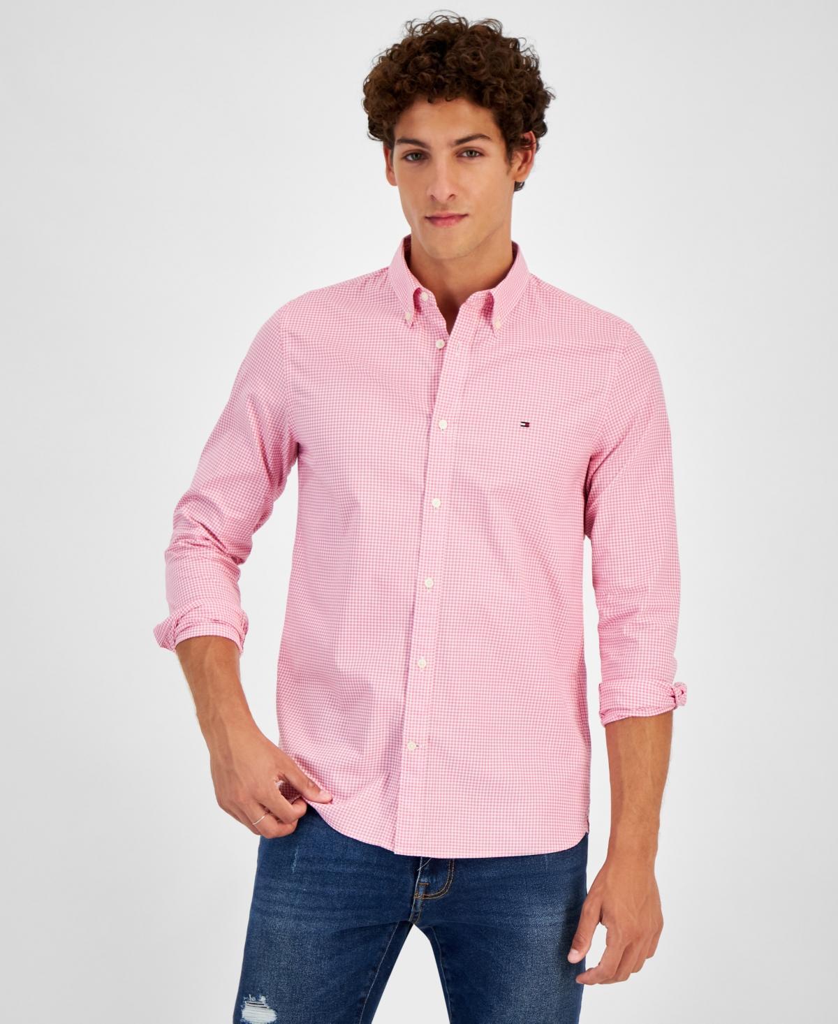 Tommy Hilfilger Mens Long Sleeve Button-Front Poplin Micro Gingham Shirt - Pink Product Image