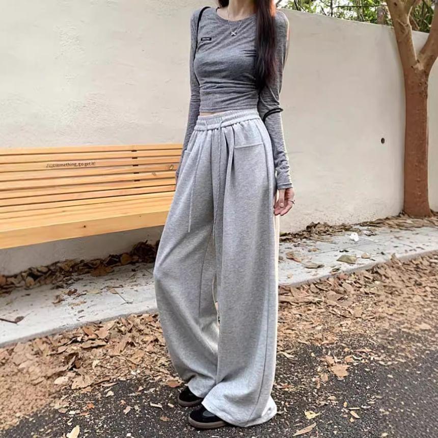 Drawstring Waist Plain Wide Leg Sweatpants Product Image