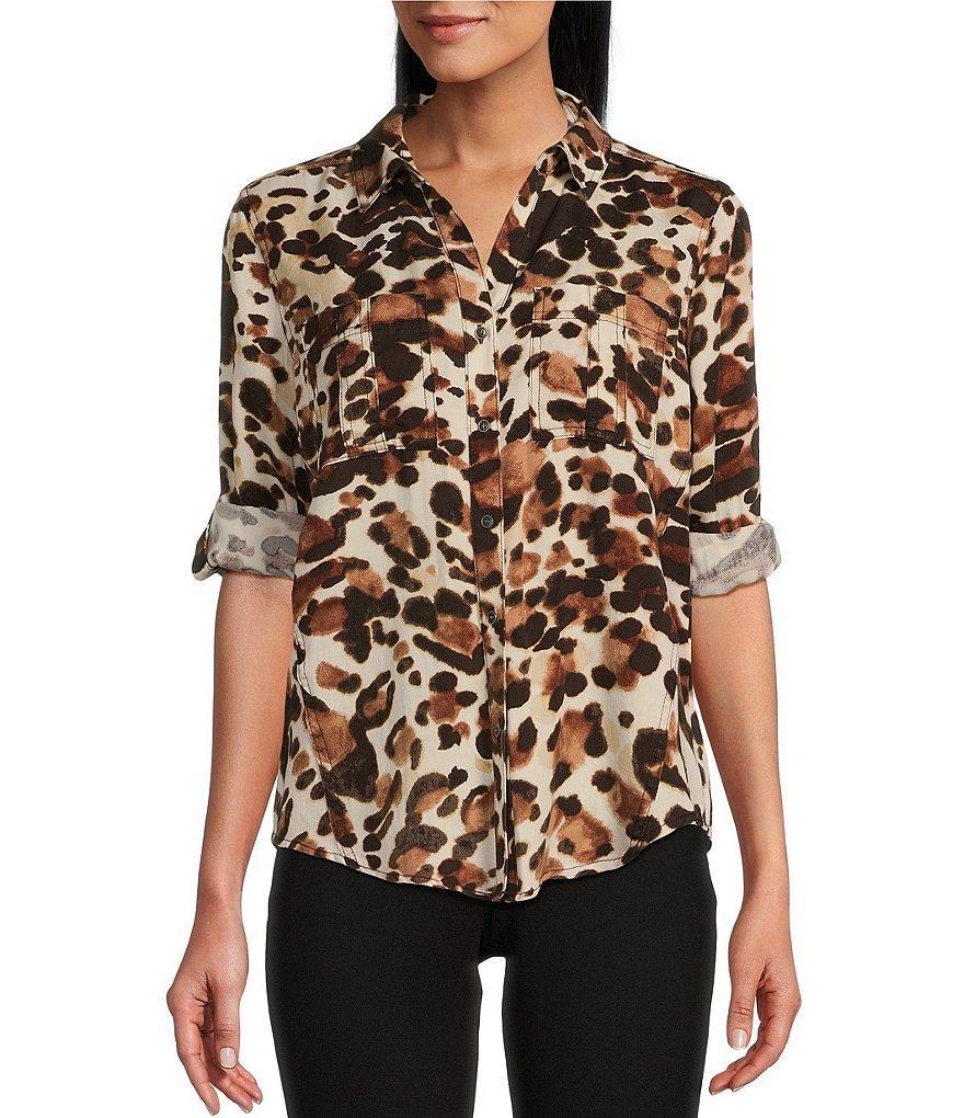 Westbound Petite Size Woven Leopard Print Long Roll-Tab Sleeve Point Collar Y-Neck Button Front Shirt Product Image