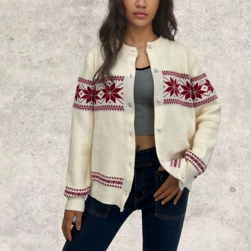 Crew Neck Snowflake Patterned Cardigan Product Image