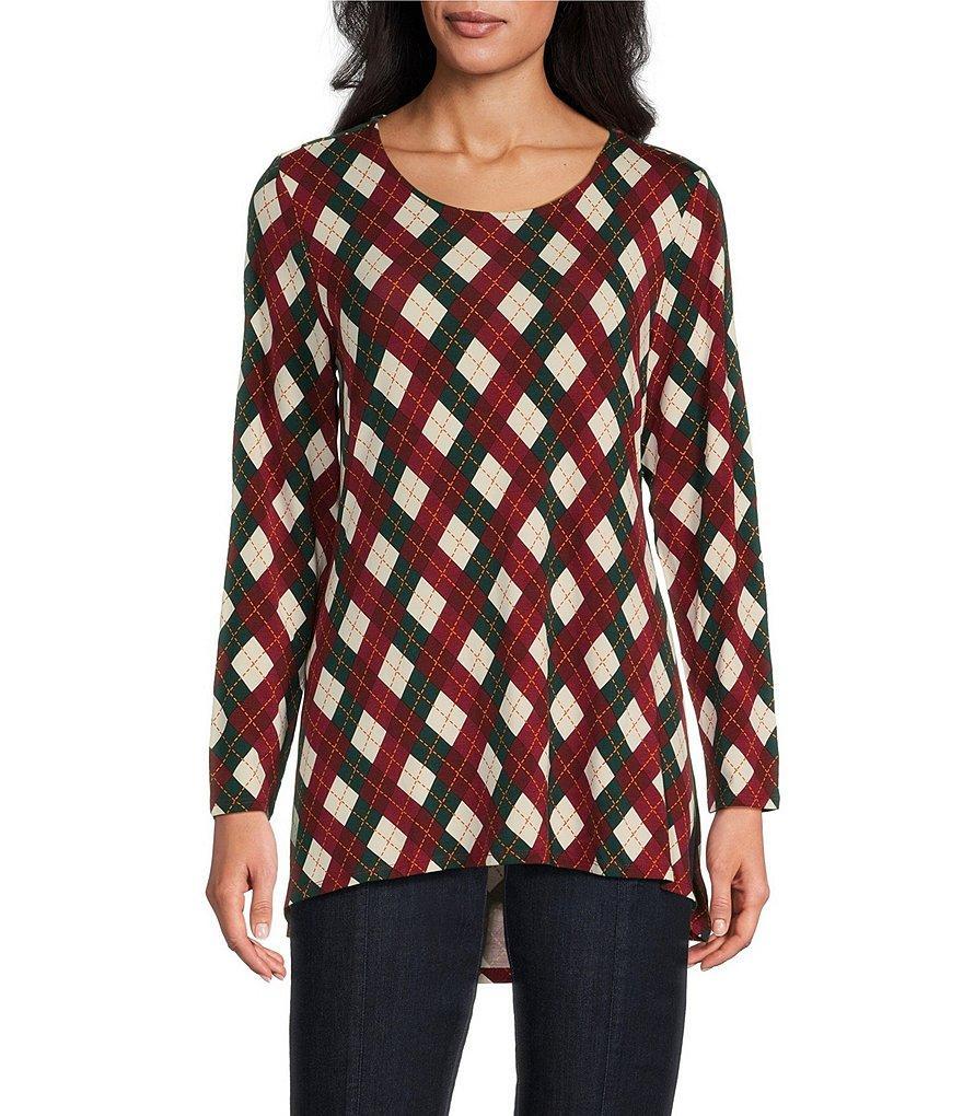 Intro Knit Jersey Argyle Printed Scoop Neck Long Sleeve Pleated Detail Top Product Image