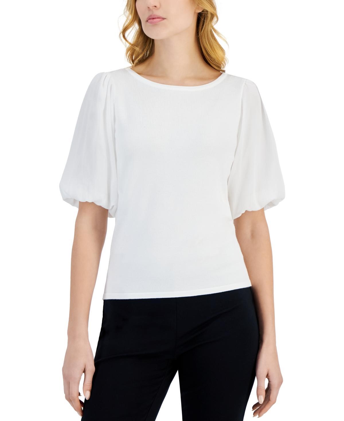 T Tahari Womens Mixed-Media Bubble-Sleeve Boat-Neck Sweater Product Image