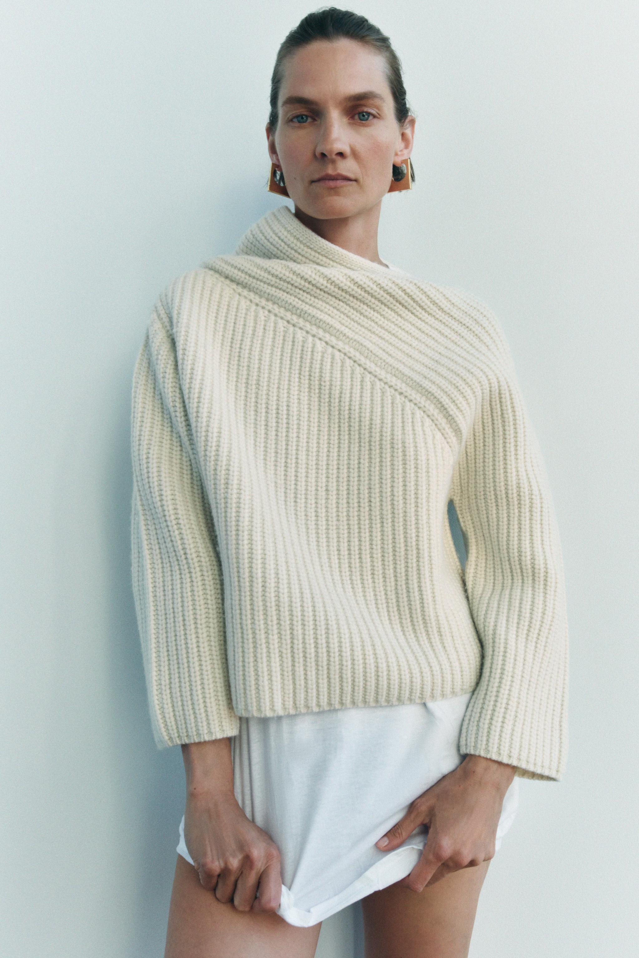 WOOL BLEND ASYMMETRIC NECKLINE SWEATER Product Image