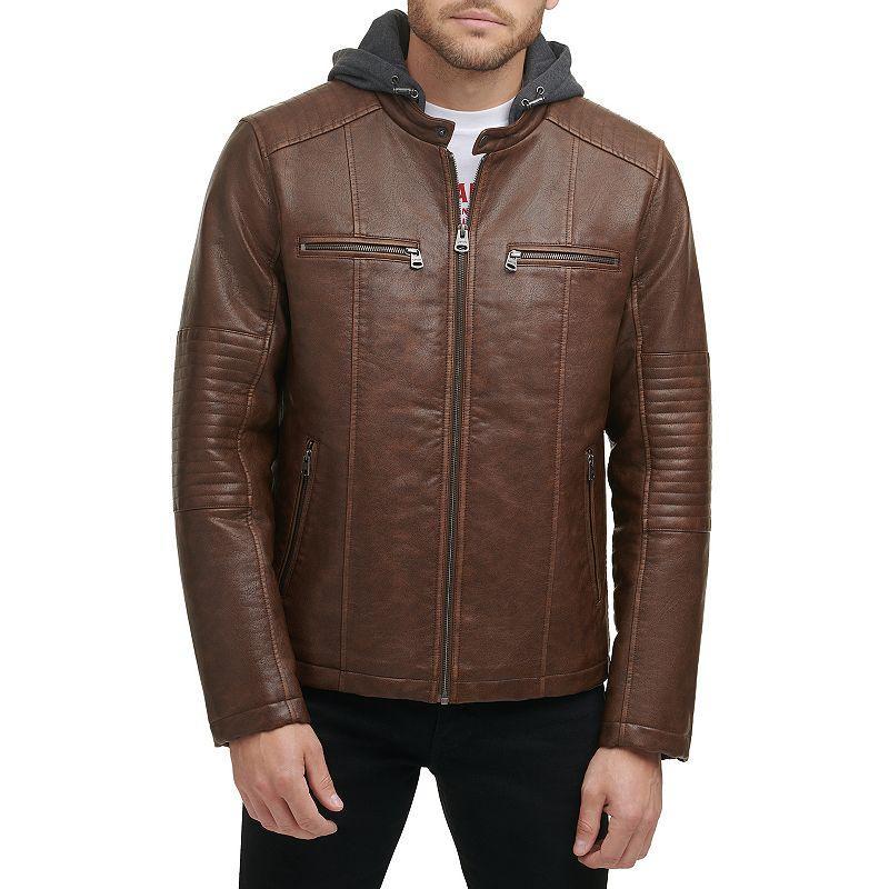 Mens Levis Faux-Leather Hooded Racer Jacket Brown Product Image