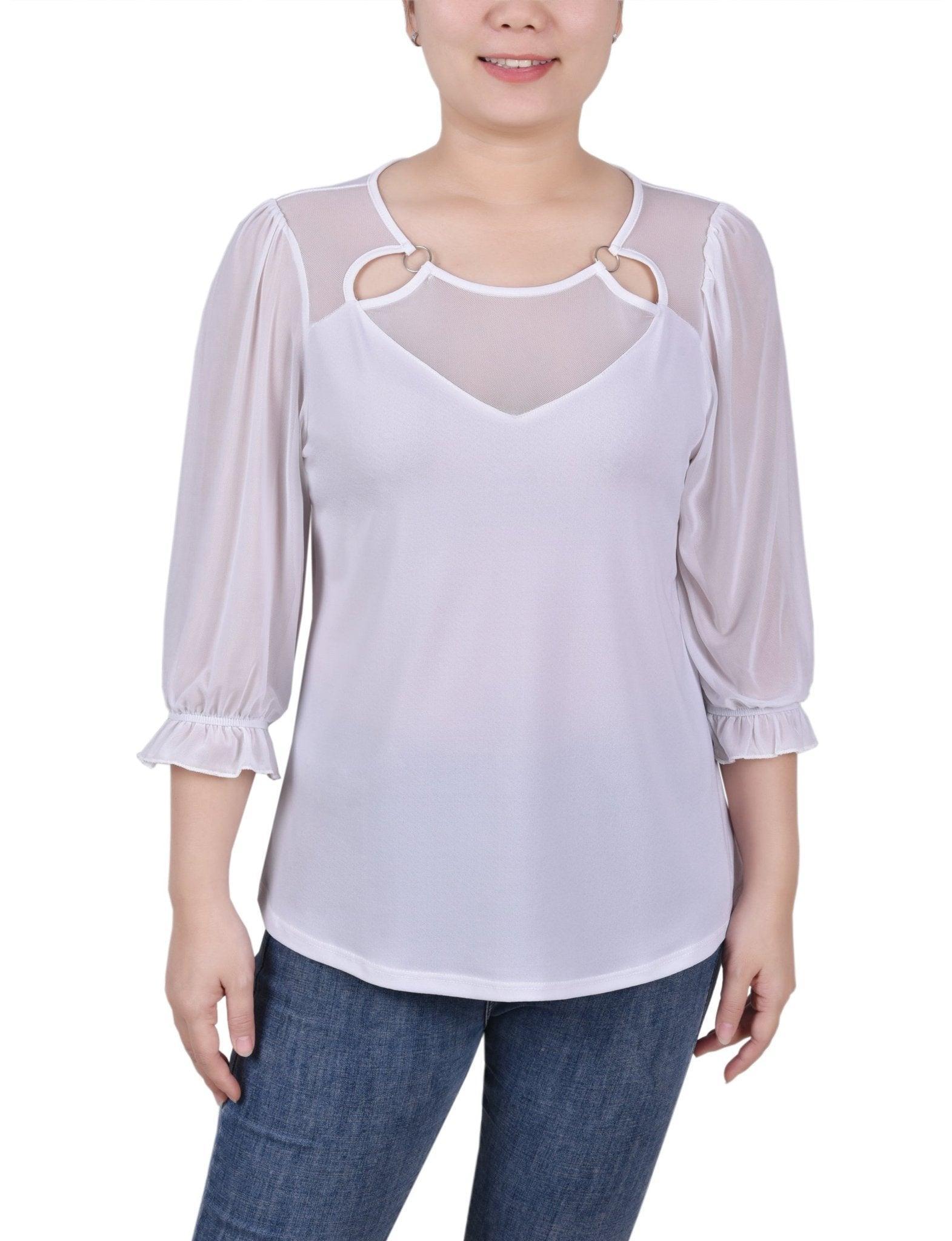 3/4 Length Sleeve Ringed Top With Mesh - Petite Product Image