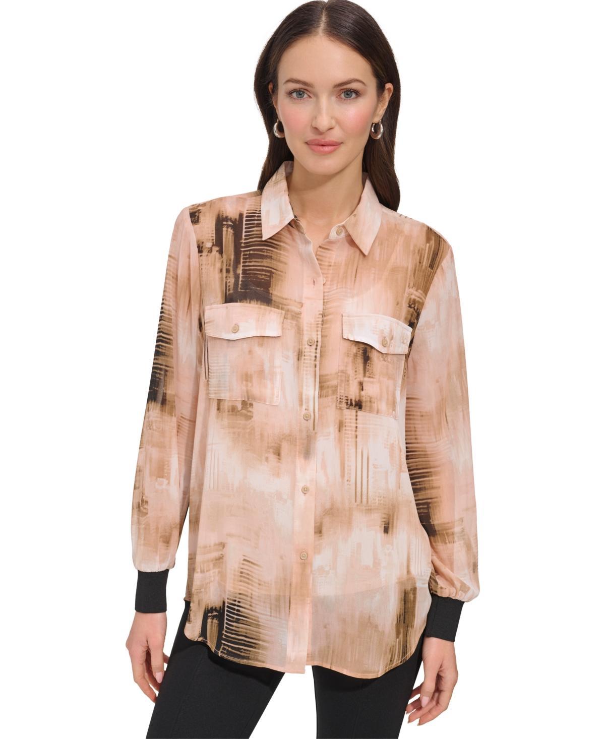 Dkny Womens Printed Chiffon Long-Sleeve Shirt - Ivory Product Image