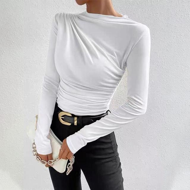 Long-Sleeve Mock Neck Plain Ruched Slim Fit Tee Product Image