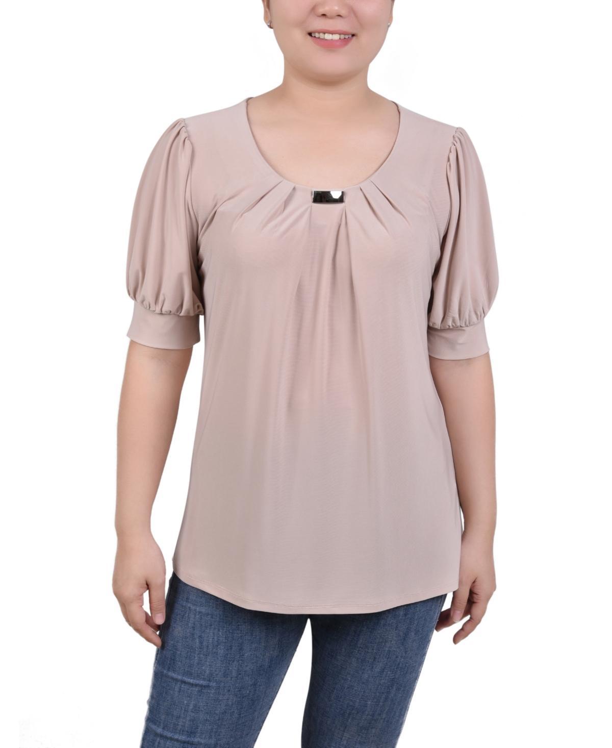 NY Collection Petite Puff Sleeve Pleated Front Blouse -BLUE Product Image